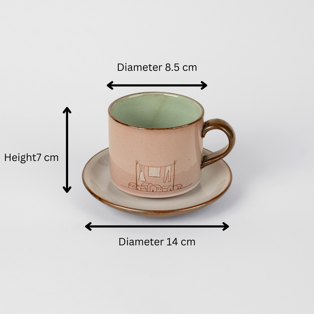 [ Mowan ] Hand-Painted Village Ceramic Tea Cup and Saucer Set 2 Colours