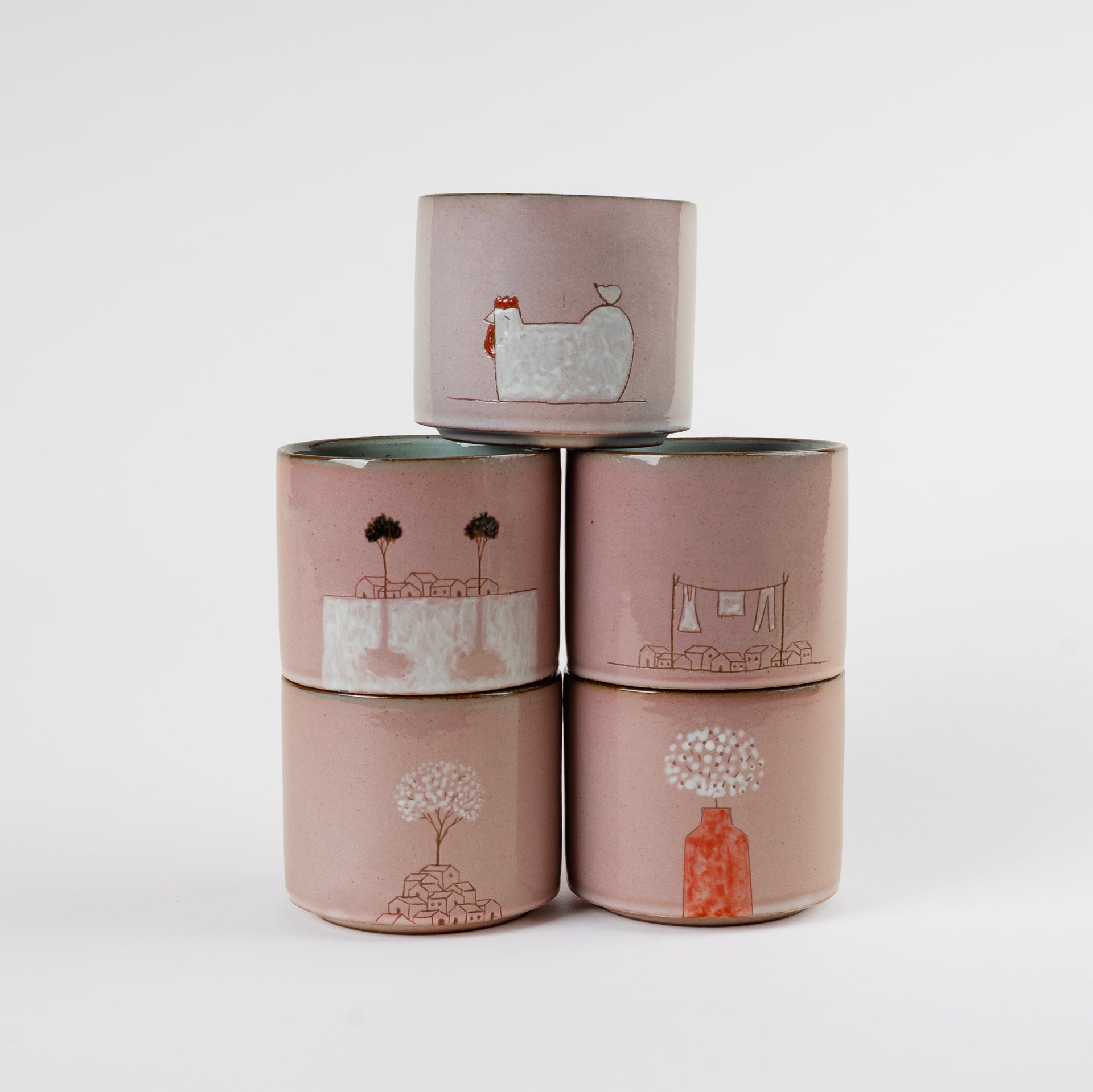 [ Mowan ] Hand-Painted Village Ceramic Tea Cup 5 Designs Pink
