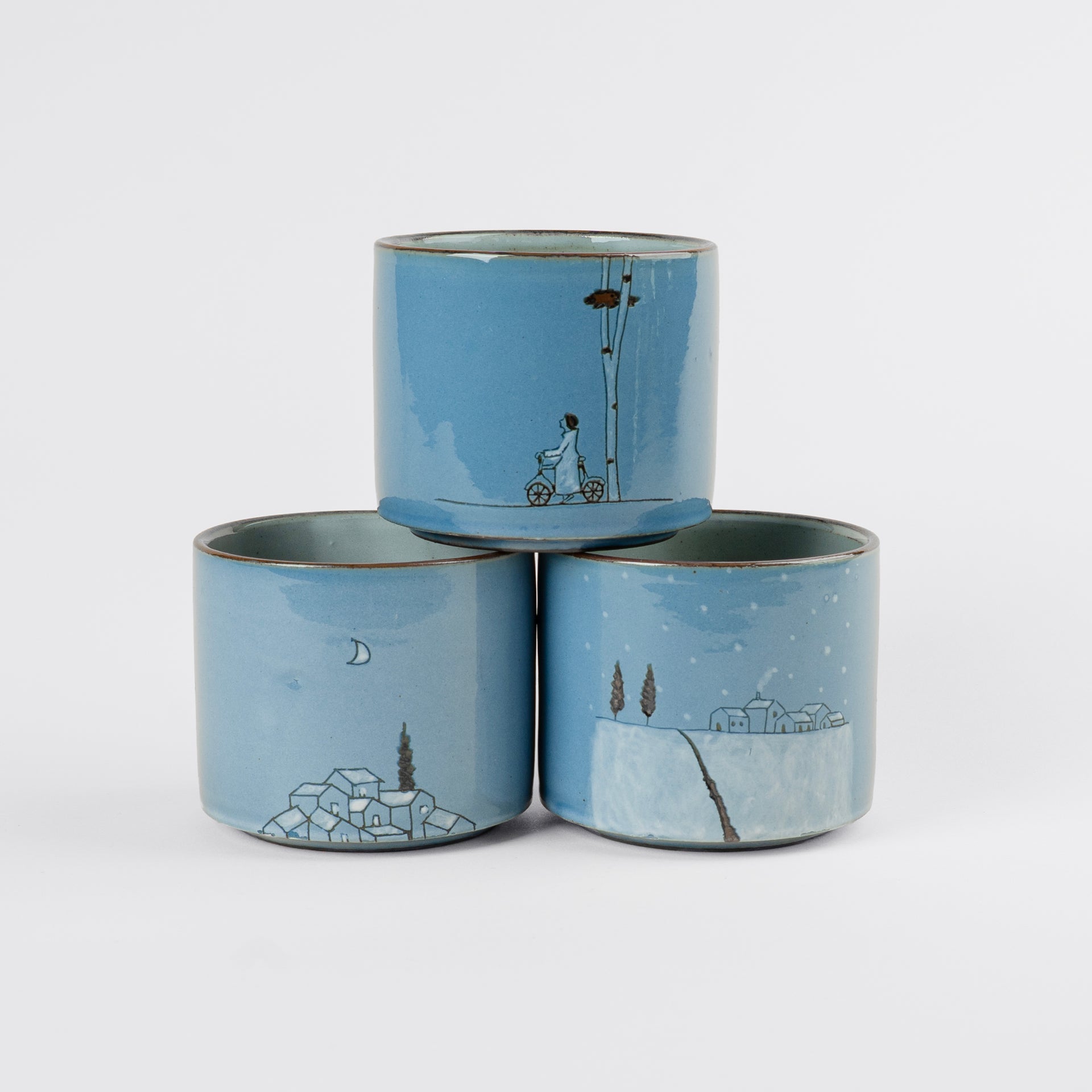 [ Mowan ] Hand-Painted Village Ceramic Tea Cup 3 Designs Blue