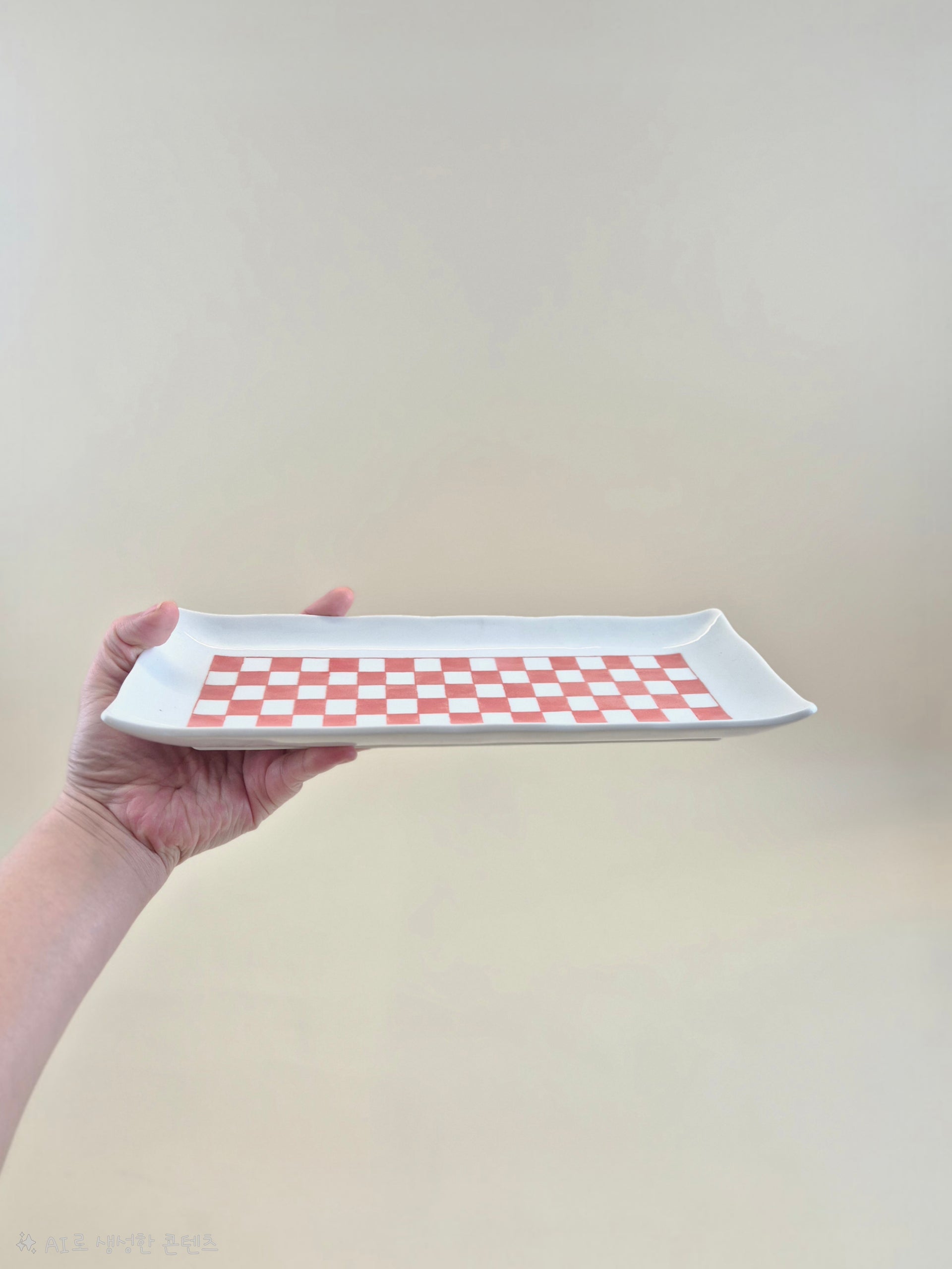 Shikaku Red Check Long Rectangular Plate 27.8cm