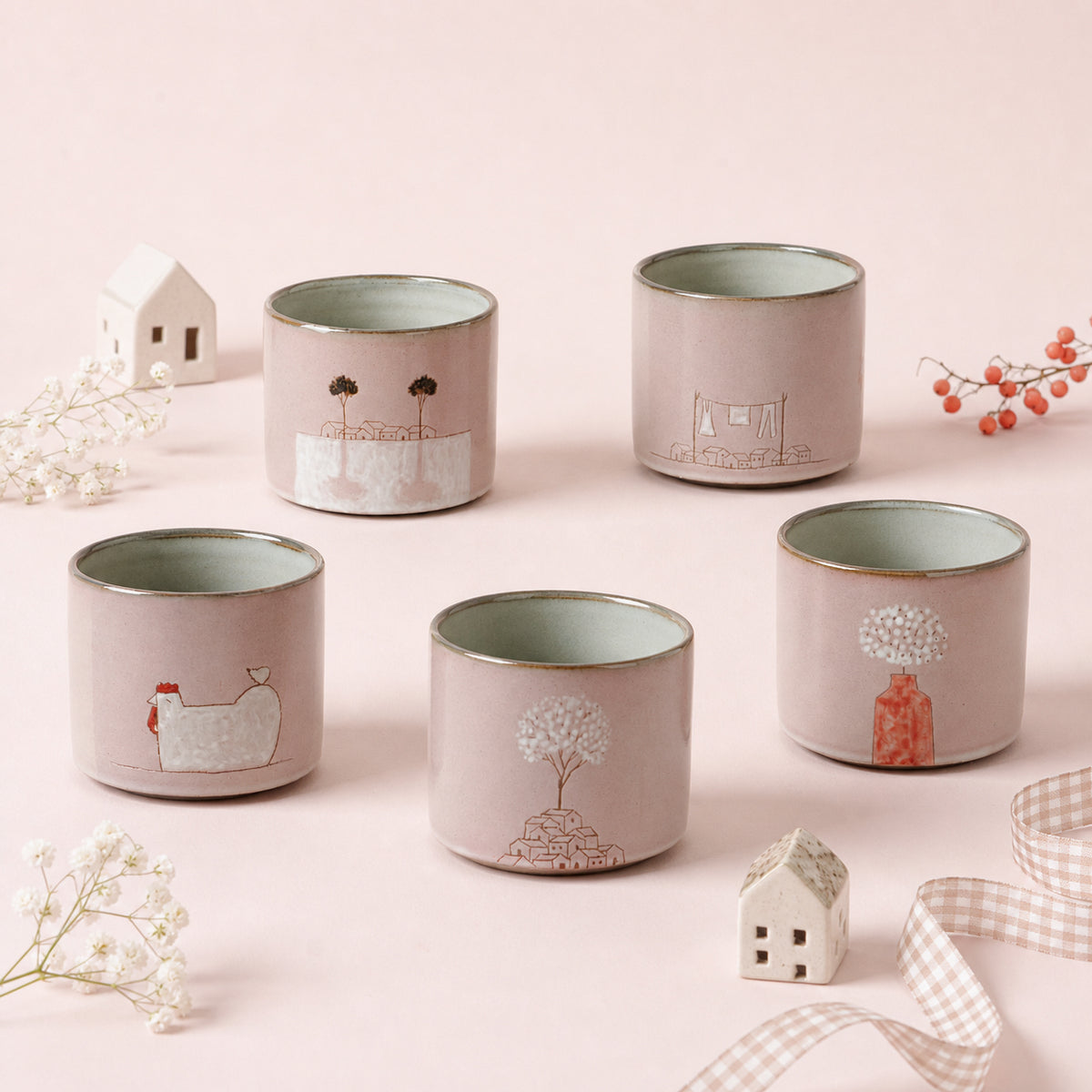 [ Mowan ] Hand-Painted Village Ceramic Tea Cup 5 Designs Pink
